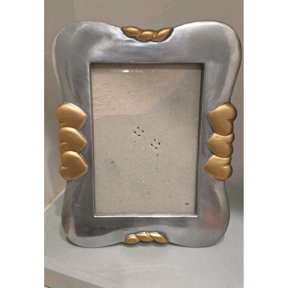 VTG 90s Pewter Silver Gold Heart Photo Picture Frame Postmodern Art Deco 4x6